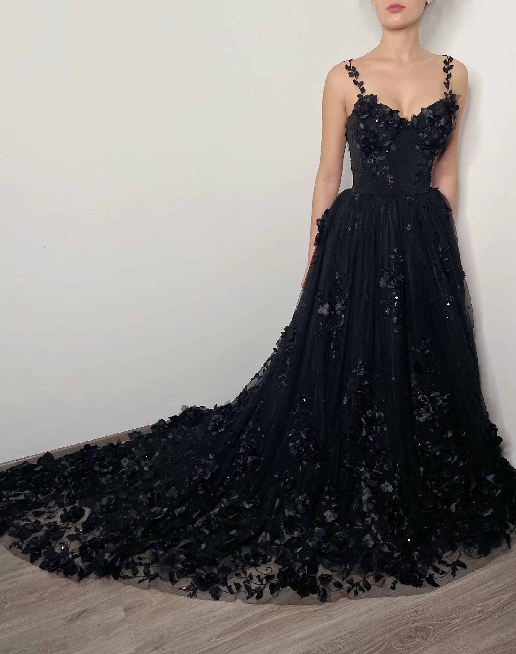 Black gothic sparkly 3D floral lace corset wedding dress, alternative bride fantasy tulle train gown