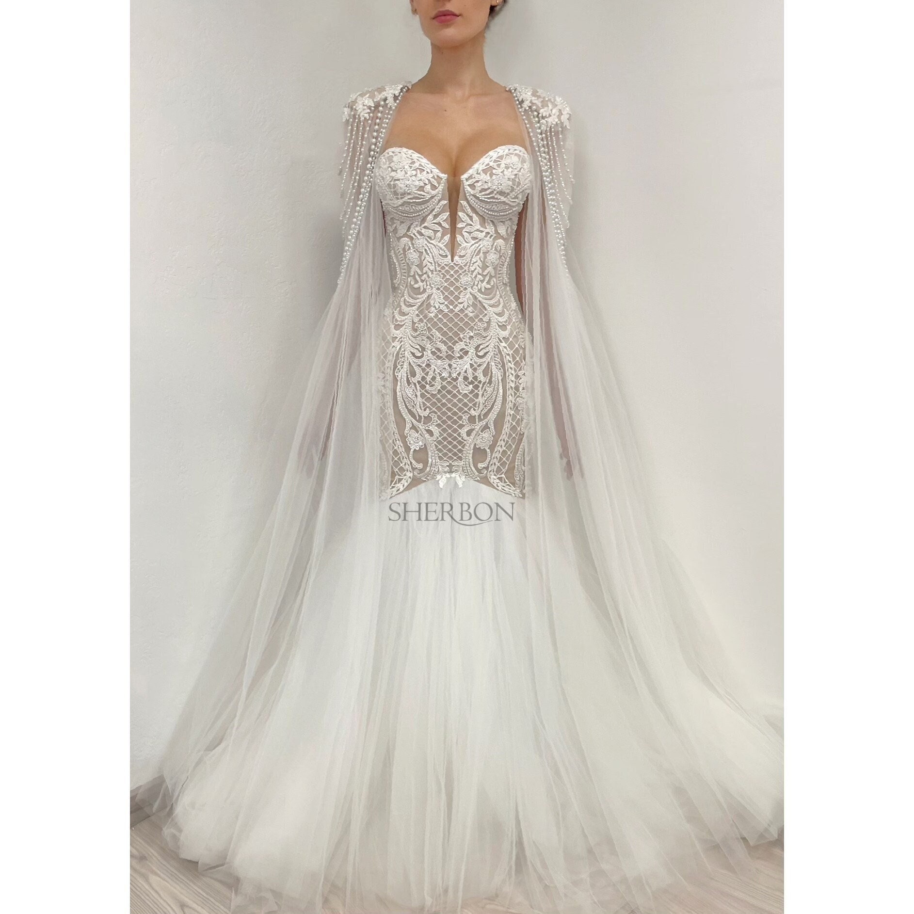 White and nude beaded lace corset tulle mermaid wedding dress, ivory bride cape dress with a train