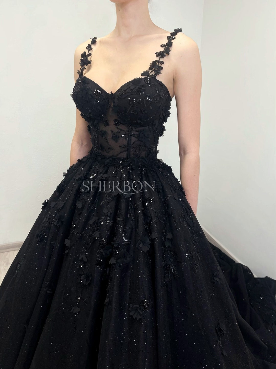 black glitter tulle dress Ariya Black A line Off the Shoulder Glitter Tulle Prom Dress with Slit Black / 14