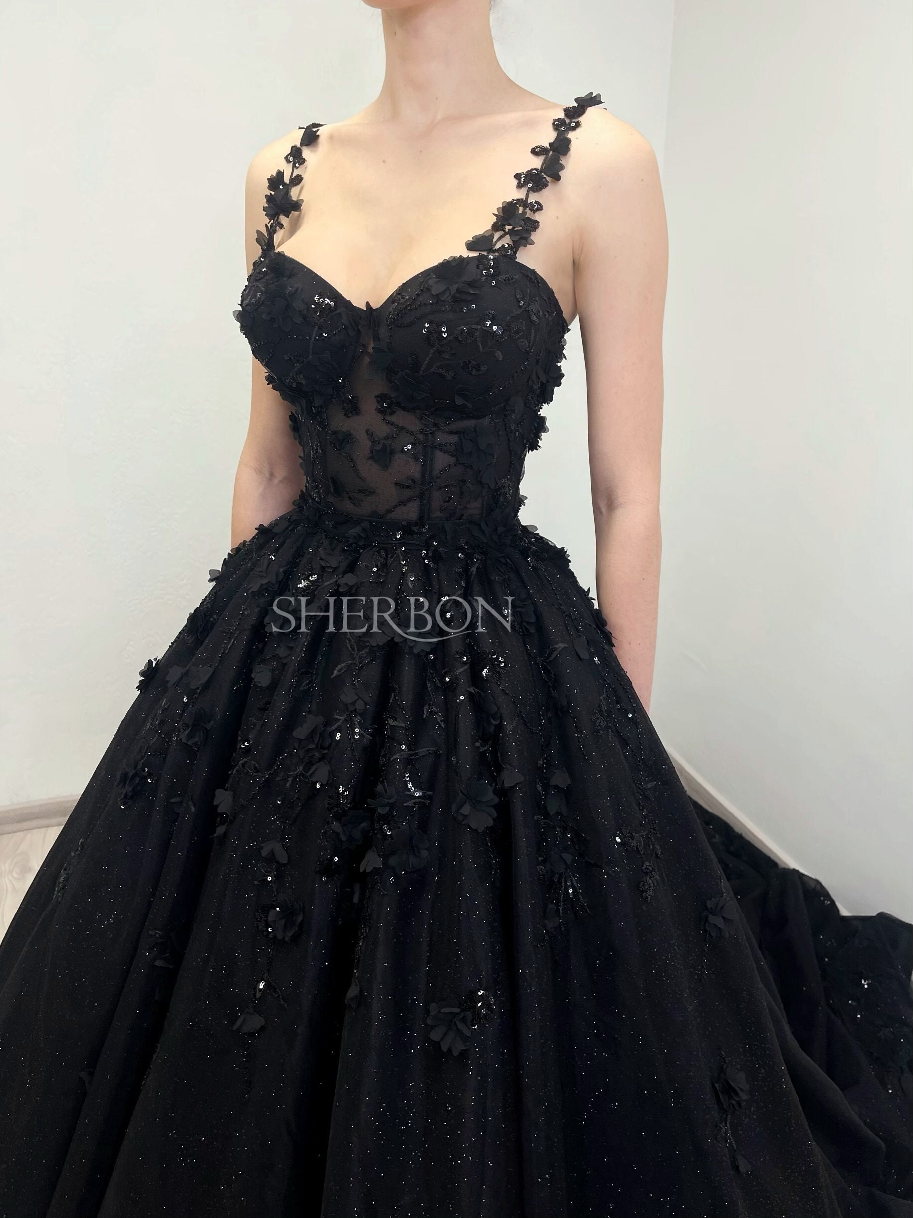 Black gothic sparkly glitter tulle 3D floral lace corset wedding dress, alternative bride fantasy tulle train gown with floral straps
