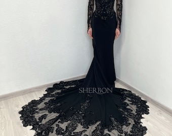 Schwarzes gotisches Perlen glitzerndes Korsett-Spitzen-Nixen-Hochzeitskleid mit langer Schleppe, alternatives florales Trompeten-Brautkleid mit Handschuh-Ärmeln