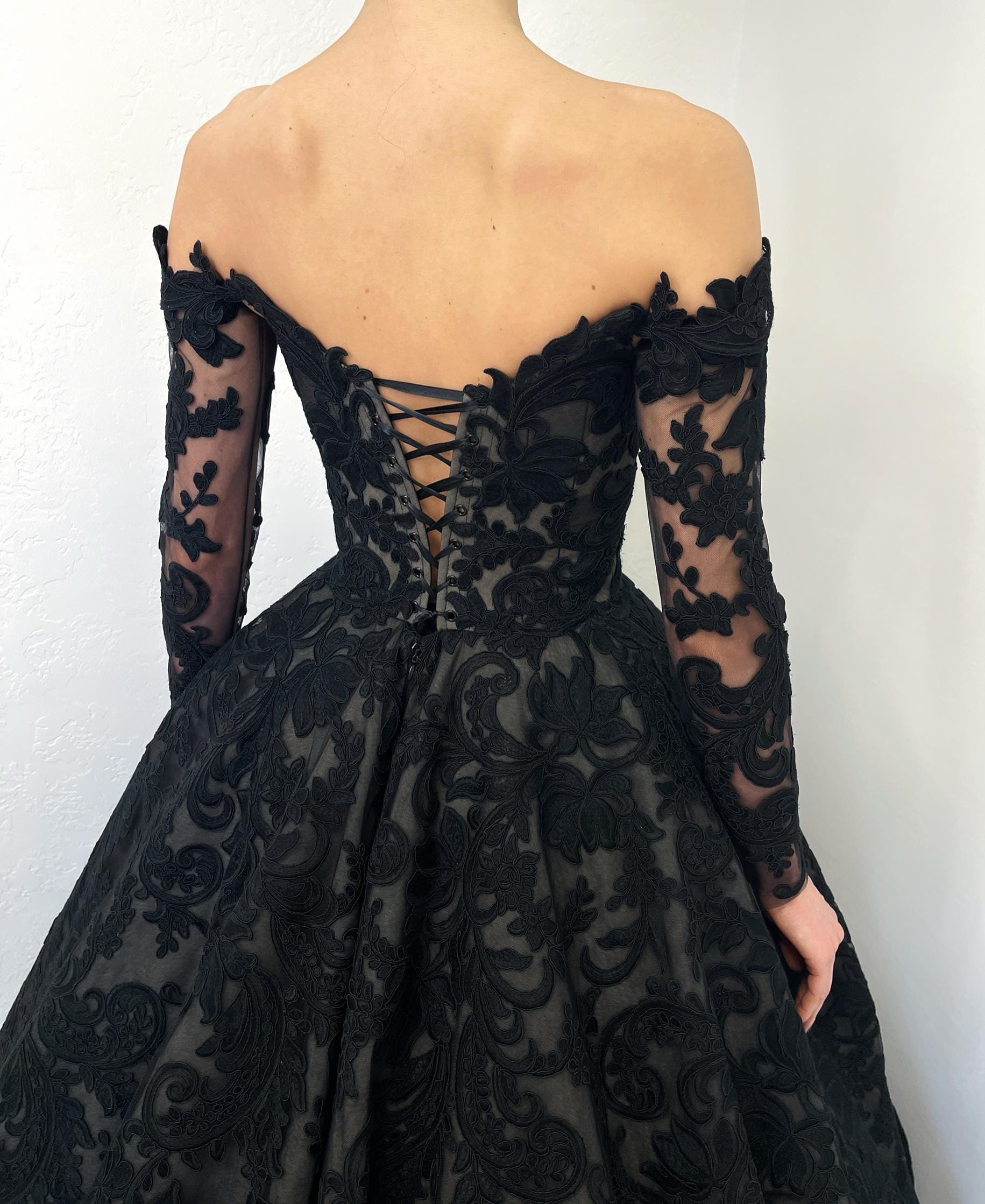 Black Gothic sheer basque waist corset tulle wedding dress , alternative gown with long train