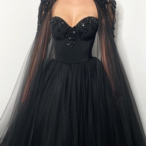 Black Gothic crystal beaded corset wedding tulle dress, elegant beaded alternive bride dress, long black cape black prom dress c2895 main image 0