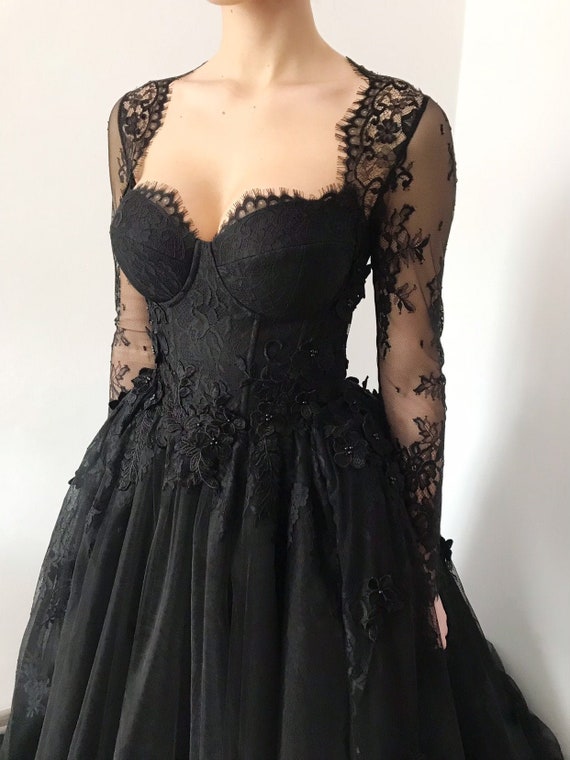 Black Gothic Corset Wedding 3D Lace Floral Tulle Dress