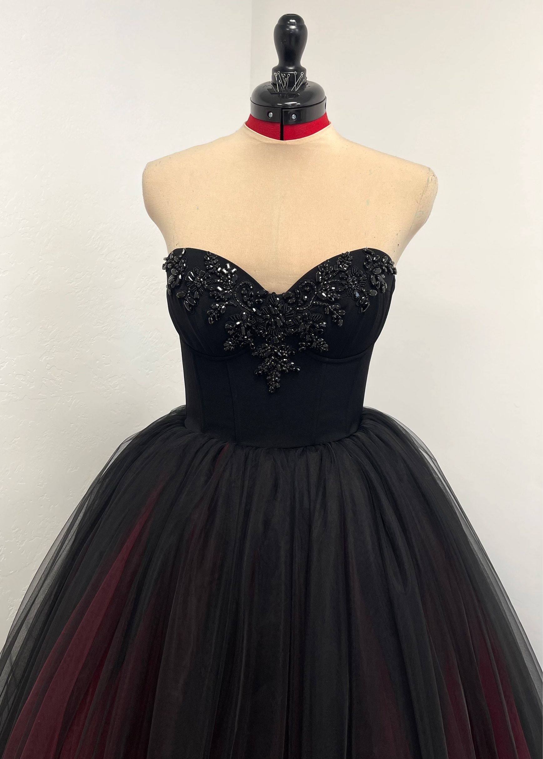 Black gothic red and Black corset tulle wedding dress with beaded cape and bodice, burgundy and Black alternative bride dress