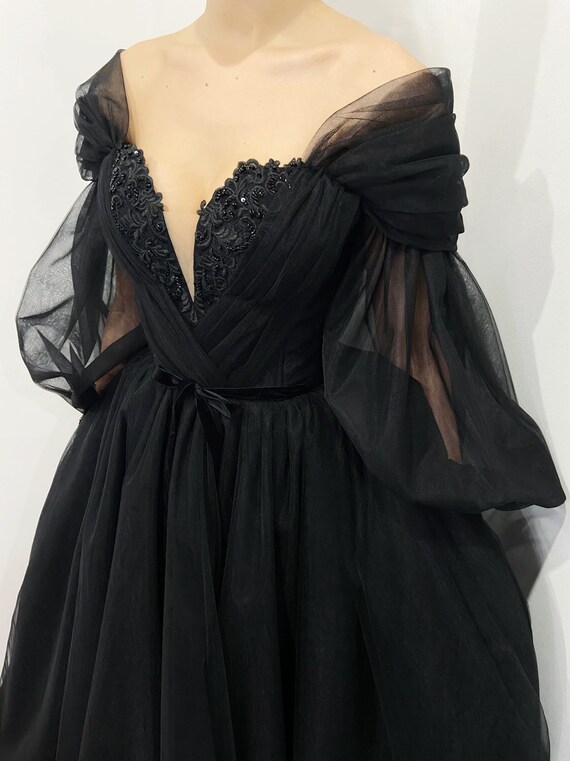 Black Gothic Tulle Embroidery Lace Corset Wedding Gown