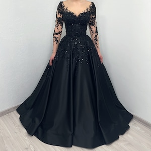 Black Gothic Satin Corset Floral Beaded Lace Wedding Dress, Alternative ...