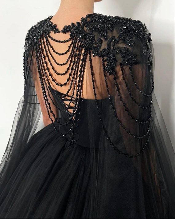 Black Crystal Beaded Tulle Cape - Etsy Israel