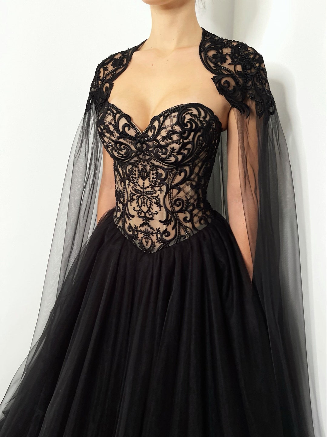 Black and Nude Gothic Beaded Corset Wedding Dress, Alternative Cape ...