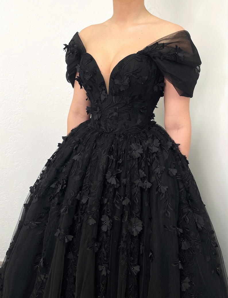 Black Gothic 3D Floral Lace Corset Wedding Dress With Deep V - Etsy