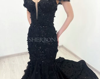 Black gothic 3D floral beaded lace corset tulle mermaid wedding dress with a train