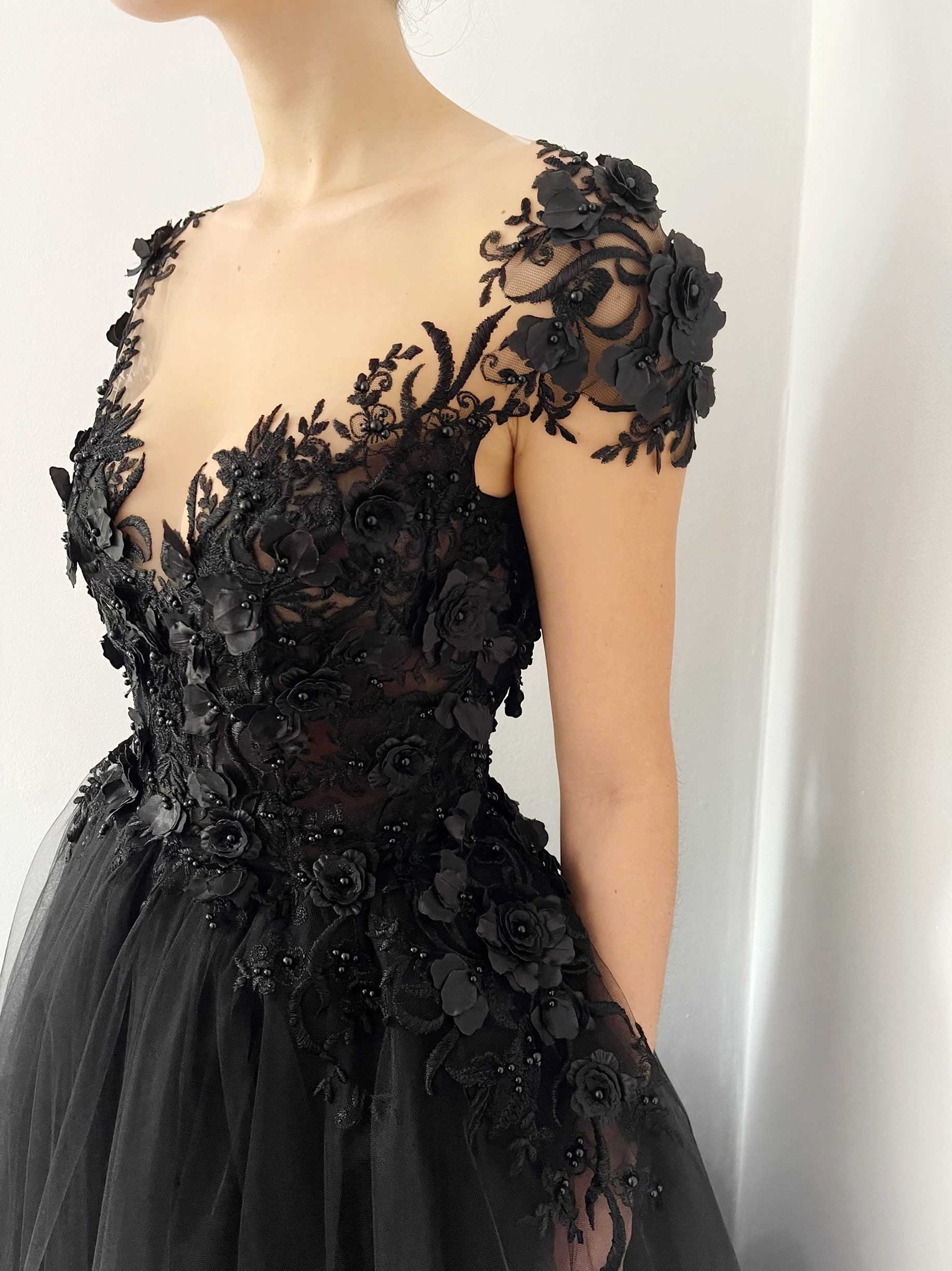 Black gothic 3D beaded floral lace applique tulle dress, alternative flower lace dress, Black fantasy gown Black gothic 3D beaded floral lace applique tulle dress, alternative flower lace dress, Black fantasy gown