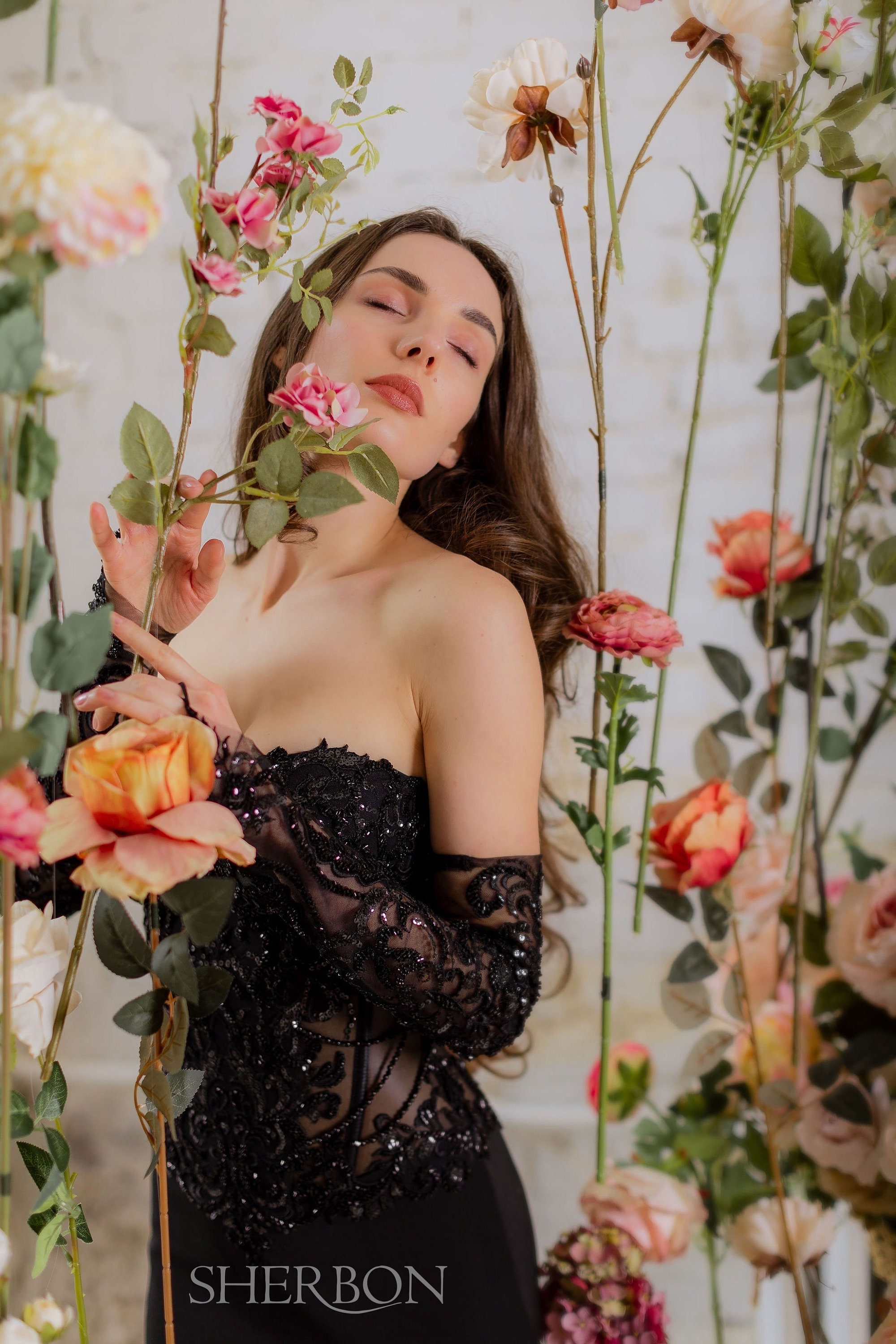 Black Gothic Beaded Sparkly Corset Lace Mermaid Wedding Dress With