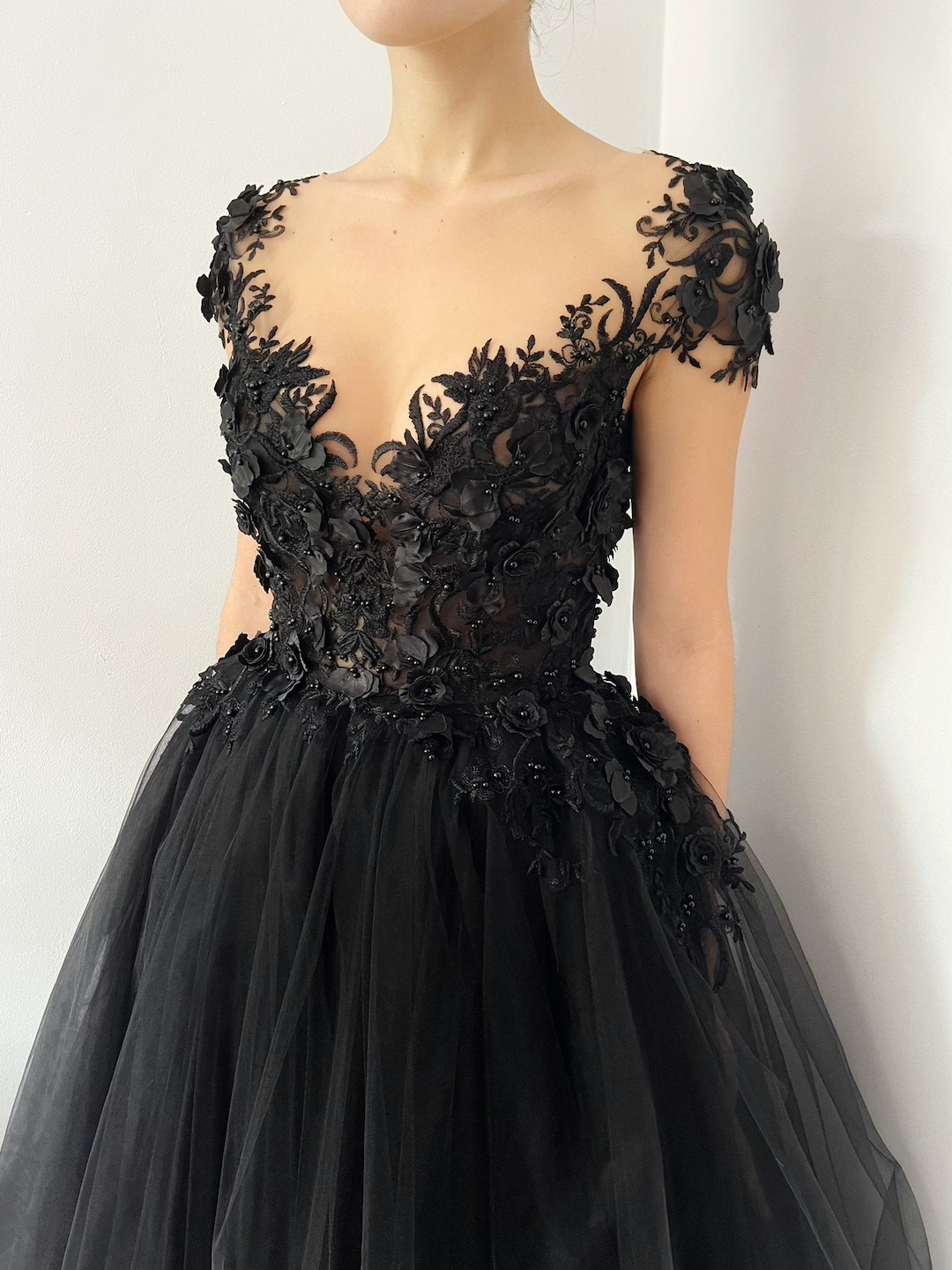 Black Gothic 3D Beaded Floral Lace Applique Tulle Dress