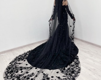 Black gothic cathedral length tulle wedding veil with 3D floral beaded appliques
