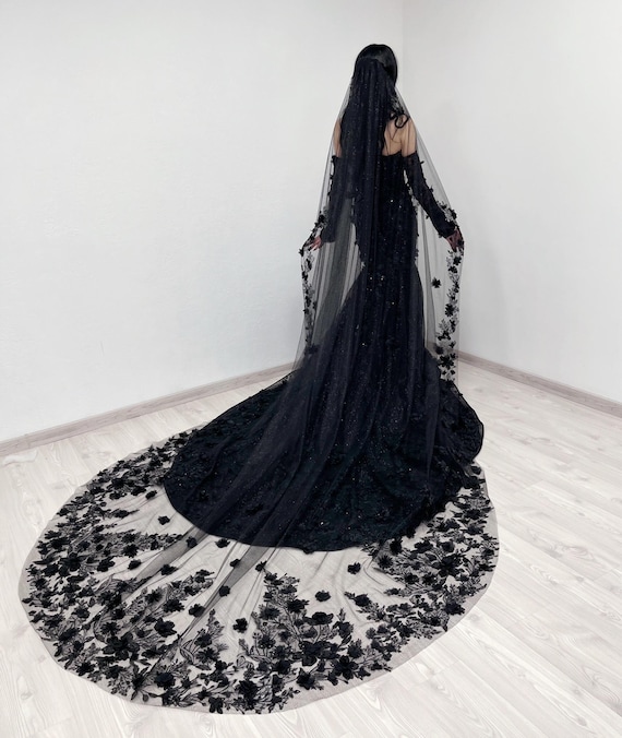 Elegant Black Lace Veil with Beaded Floral Design Black Veil With Sequin Flower - Vintage Inspired Lace  main image 4