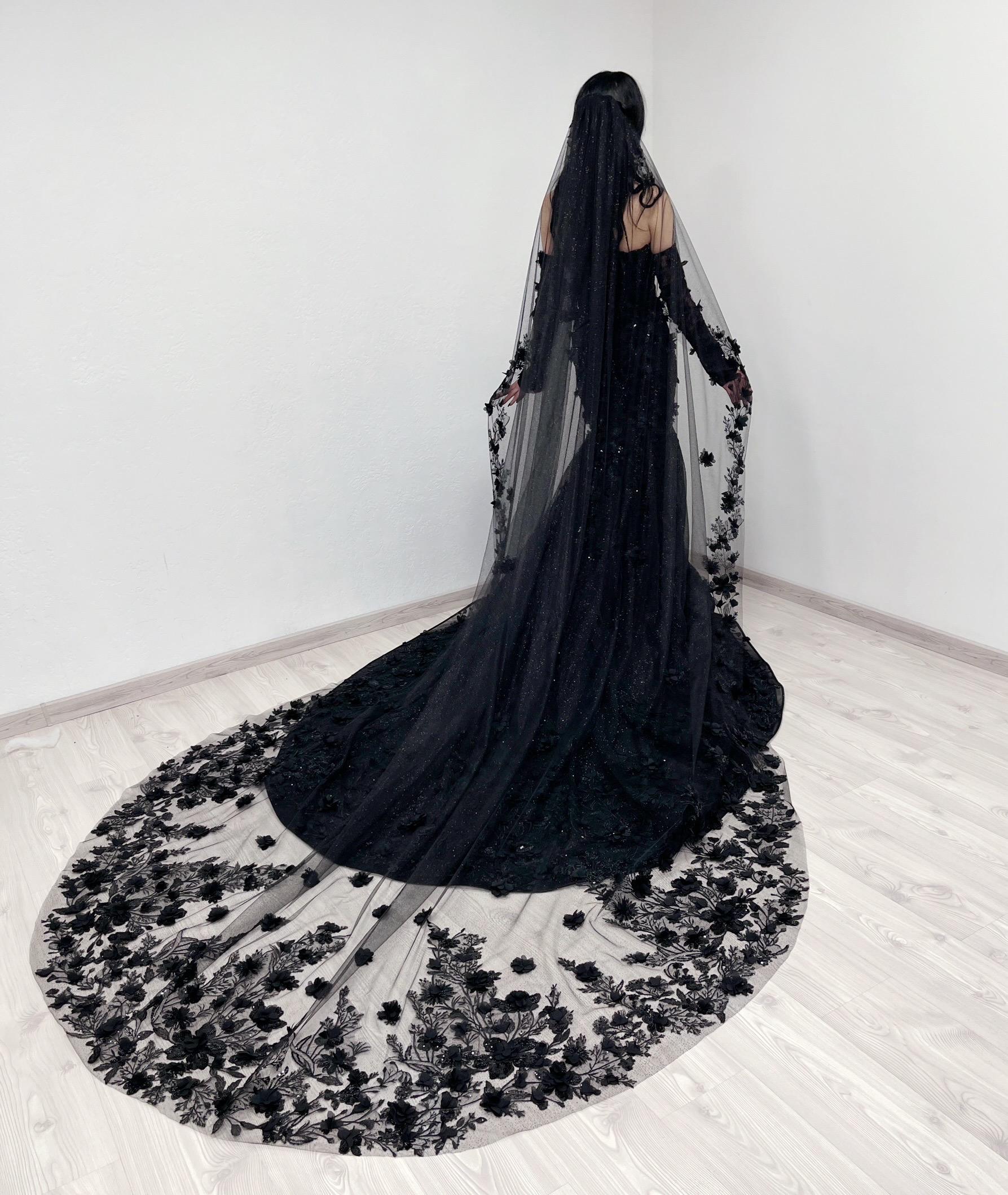 80s archive フリルフラワー装飾ベルト 黒 Black Gothic Cathedral Length Tulle Wedding Veil With 3D Floral