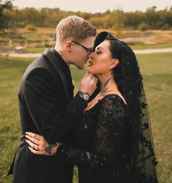 Sheer Black Beaded Tulle Veil with Comb-Romantic Gothic Bridal Hair Unique Black 3M Cathedral Beaded Wedding Veils Lace... From  main image 2