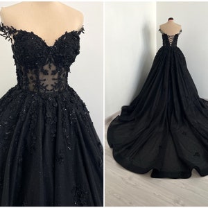Black gothic see through sparkly floral corset wedding dress with a train, off shoulder alternative bride flower train dress