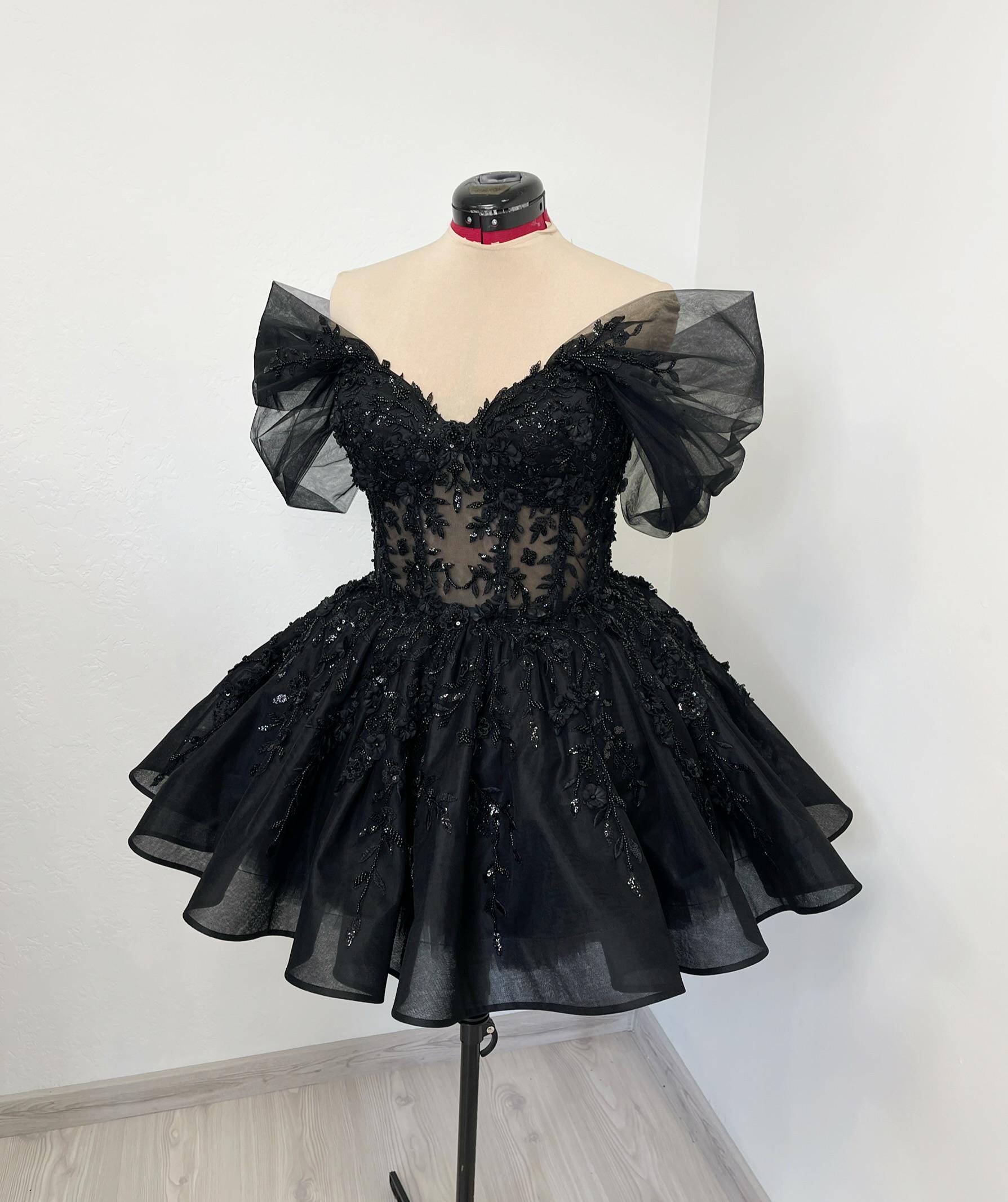 Black gothic mini tulle sheer corset beaded gown with 3D floral appliques, short party dress with off the shoulder straps Black gothic mini tulle sheer corset beaded gown with 3D floral appliques, short party dress with off the shoulder straps