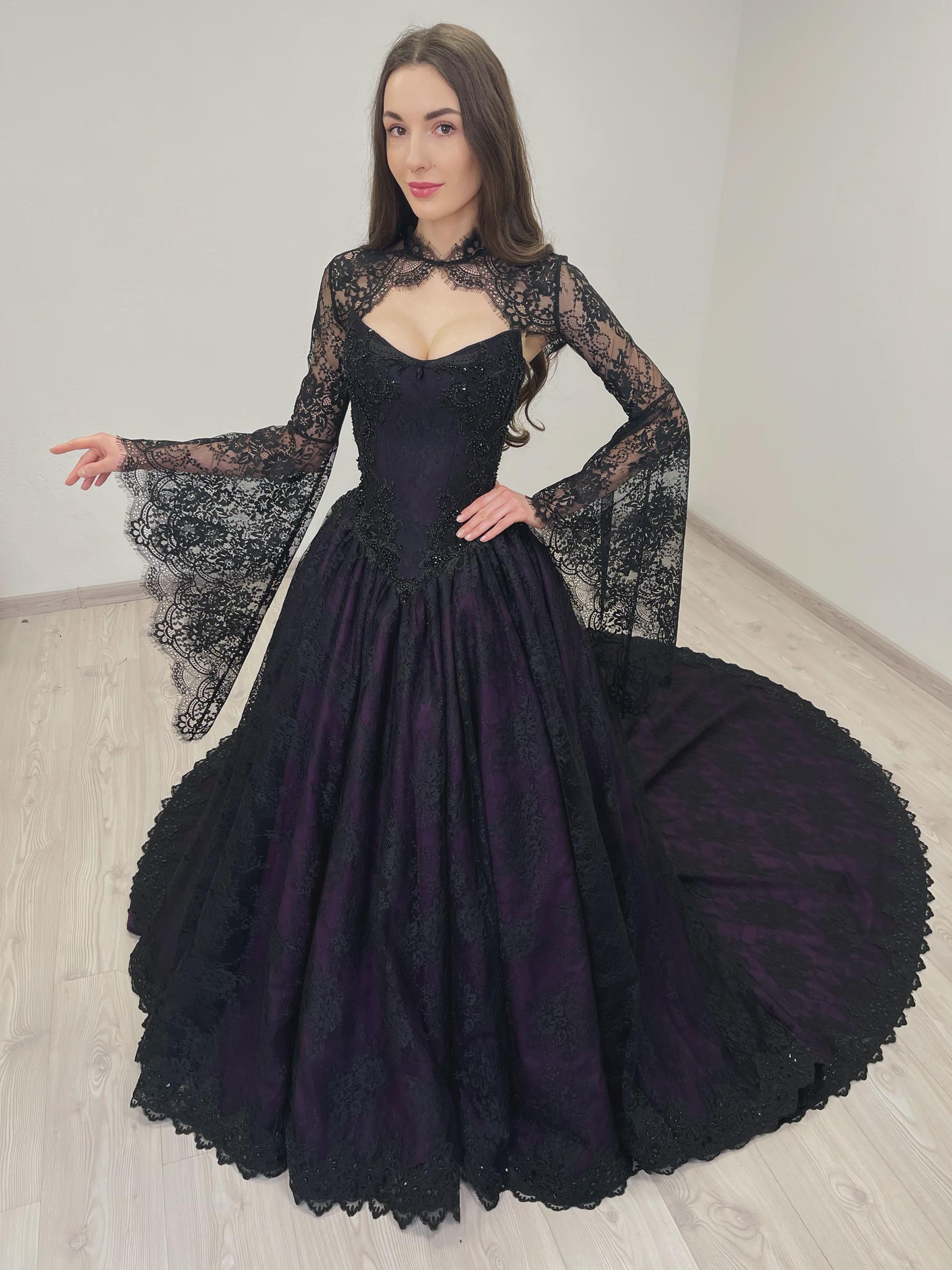 Goth Basque Black and Purple Gothic Basque Waist Corset Tulle Wedding Dress With ...