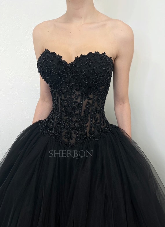 Black Beaded Sheer Drop Waist Corset Wedding Dress, Alternative