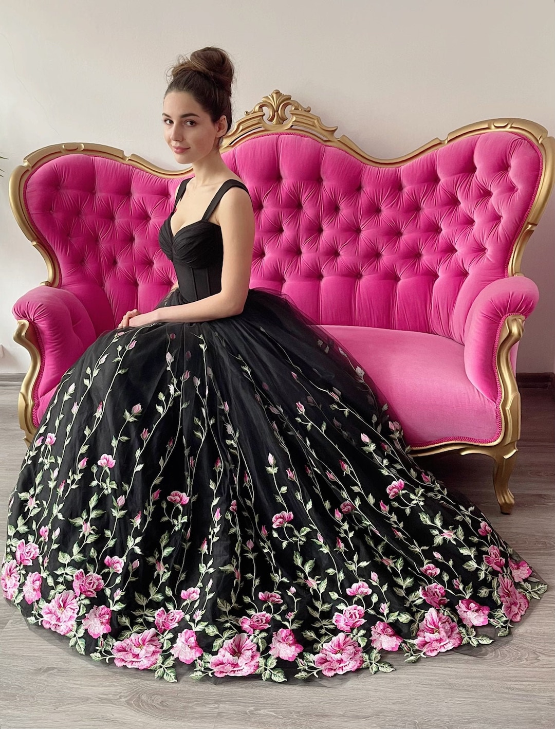 black dress with pink flowers Black fantasy flower tulle dress, Black and pink floral tulle corset wedding gown, alternative bride dress