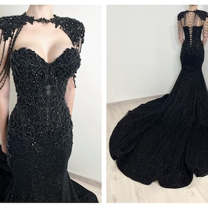 Black gothic crystal sparkly corset mermaid wedding dress with a long train, alternative lace beaded floral trumpet bridal gown