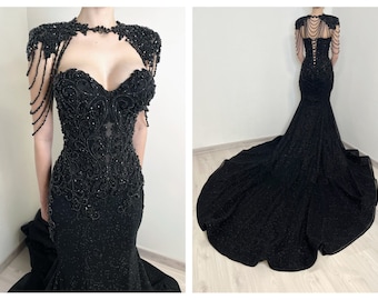 Black gothic crystal sparkly corset mermaid wedding dress with a long train, alternative lace beaded floral trumpet bridal gown