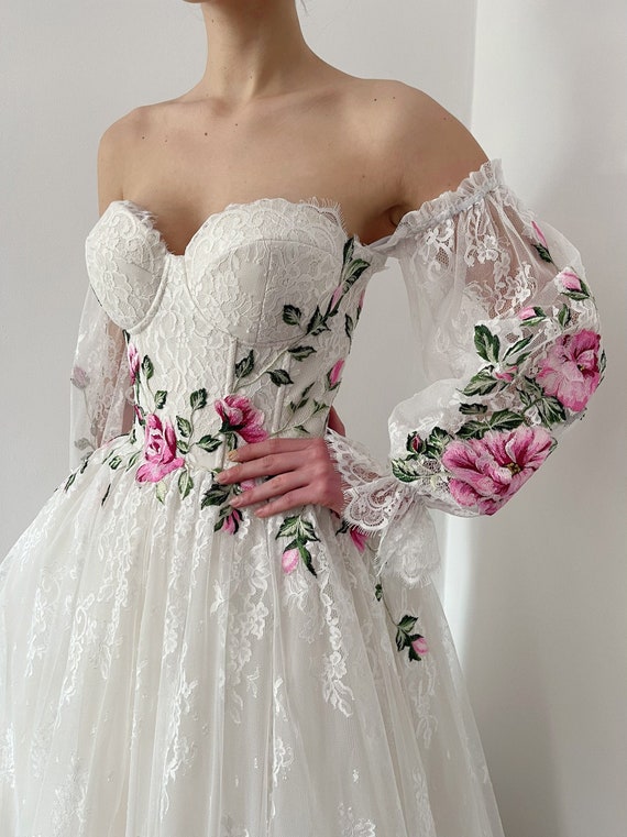 White Floral Fantasy Floral Lace Corset Wedding Dress, Alternative Bride Pink  Flower Gown With Removable Sleeves 