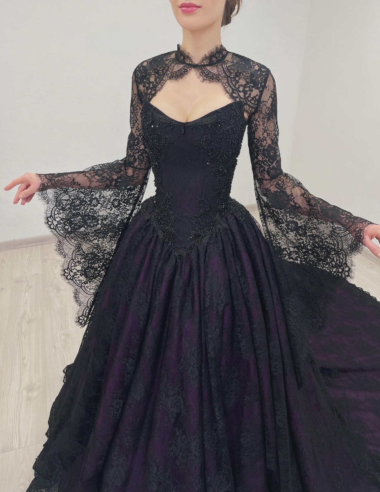 Goth Basque Black and Purple Gothic Basque Waist Corset Tulle Wedding Dress With ...