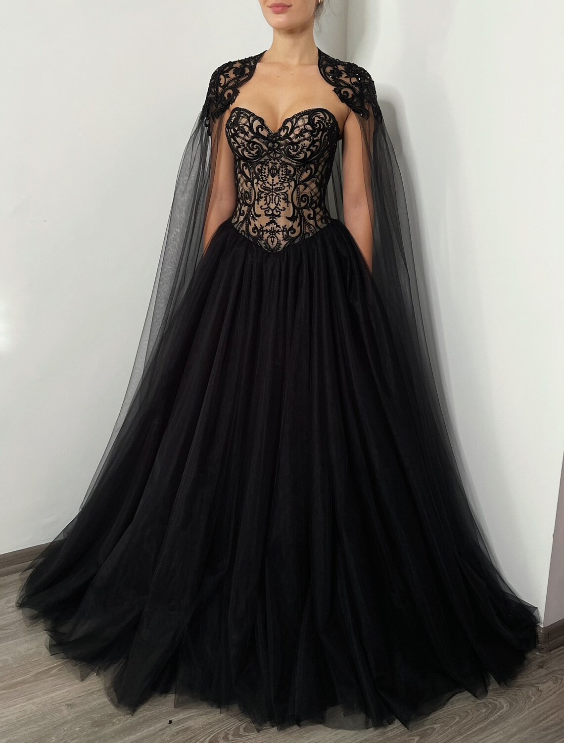 Black and Nude Gothic Beaded Corset Wedding Dress Alternative | Etsy