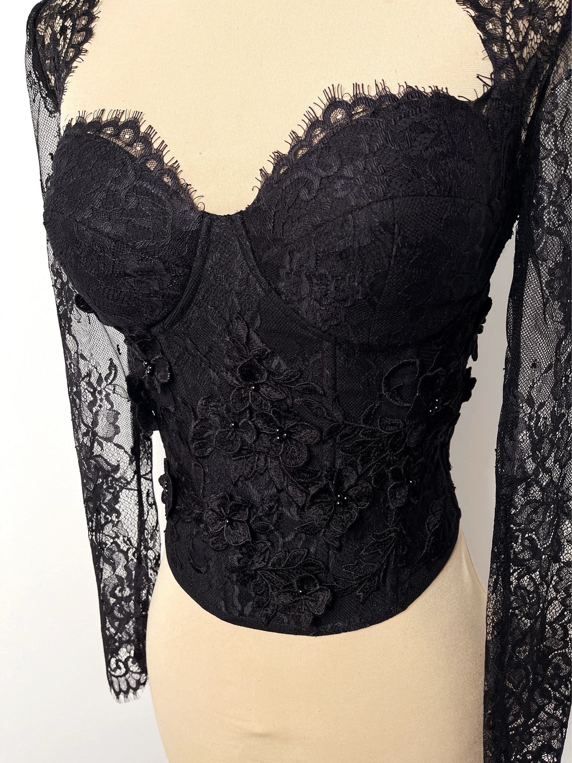 Gothic Black 3D Floral Lace Corset With Long Sleeves - Etsy