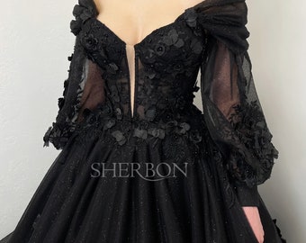 Black floral glitter corset wedding dress with bishop sleeves, 3D flower tulle lace train alternative bride dress