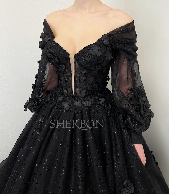 Black Floral Glitter Corset Wedding Dress with Bishop Sleeves, 3D Flower Tulle Lace Train Alternative Bride Dress Black Floral Glitter Corset Wedding Dress with Bishop Sleeves, 3D Flower Tulle Lace Train Alternative Bride Dress