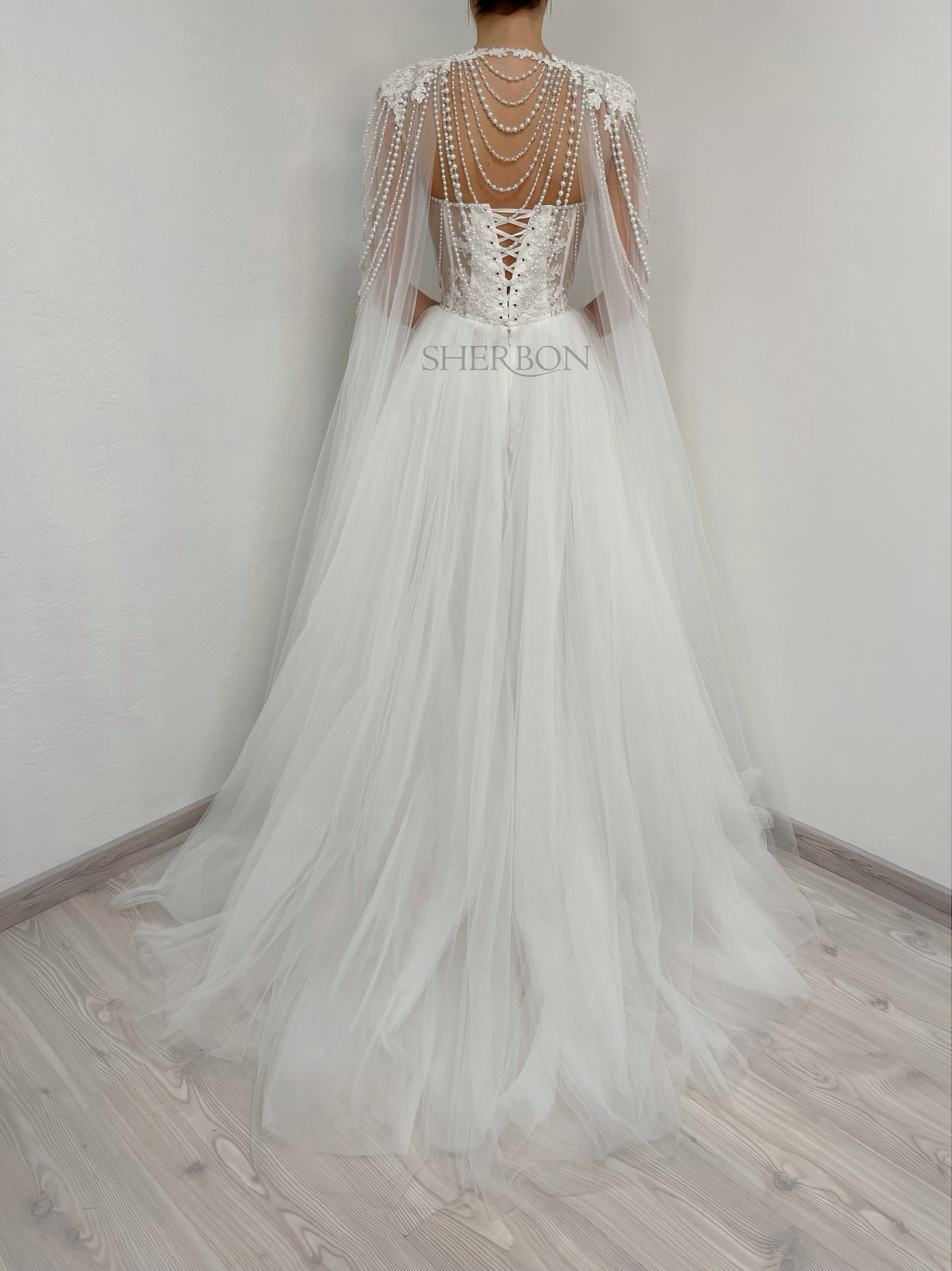 White beaded sheer floral lace corset with beads and crystals, embroidery wedding corset dress with cape, bridal crystal gown