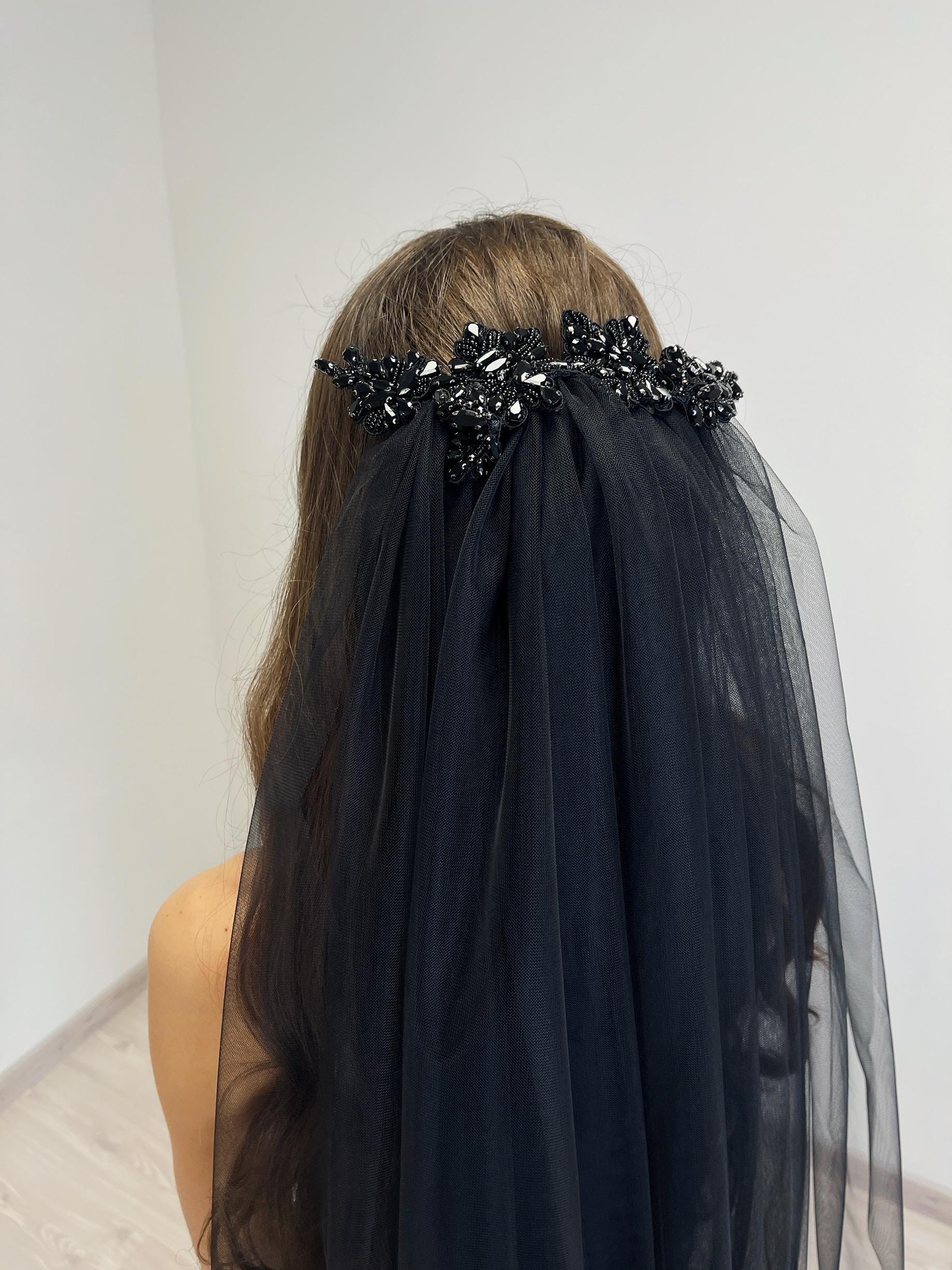 Black Fingertip Length Veil With Crystal Hair Comb - Etsy