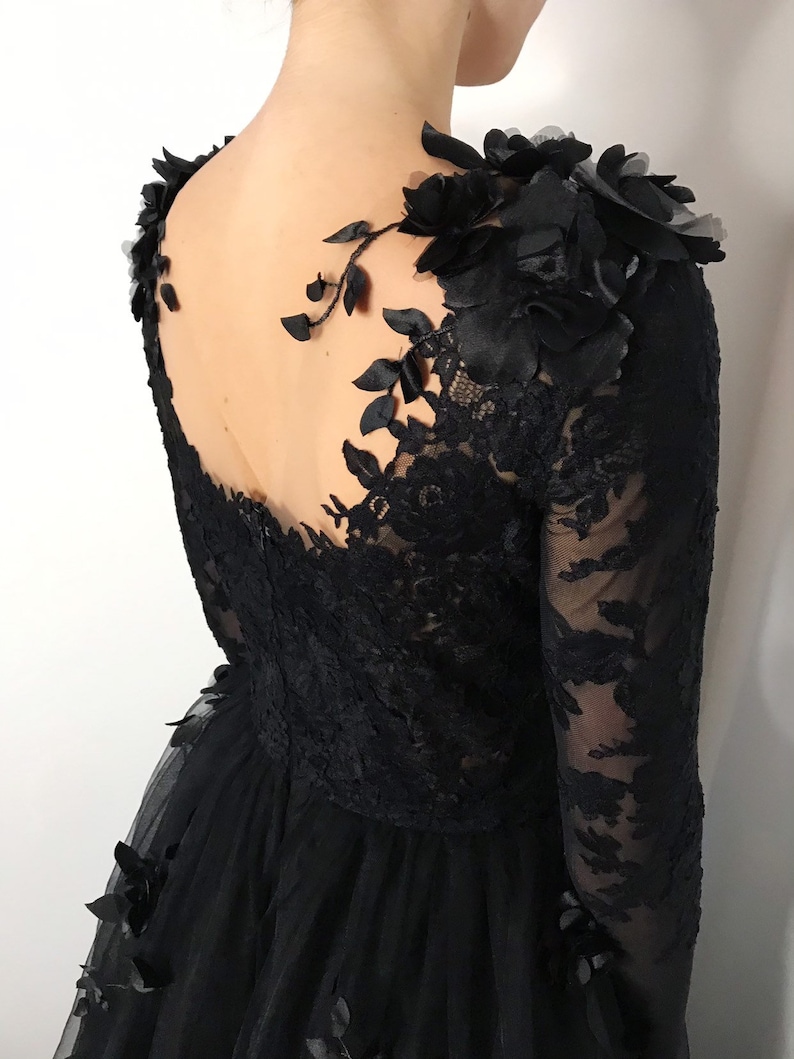 Black Floral Gothic Wedding Dress Black Flower Tulle Lace Etsy