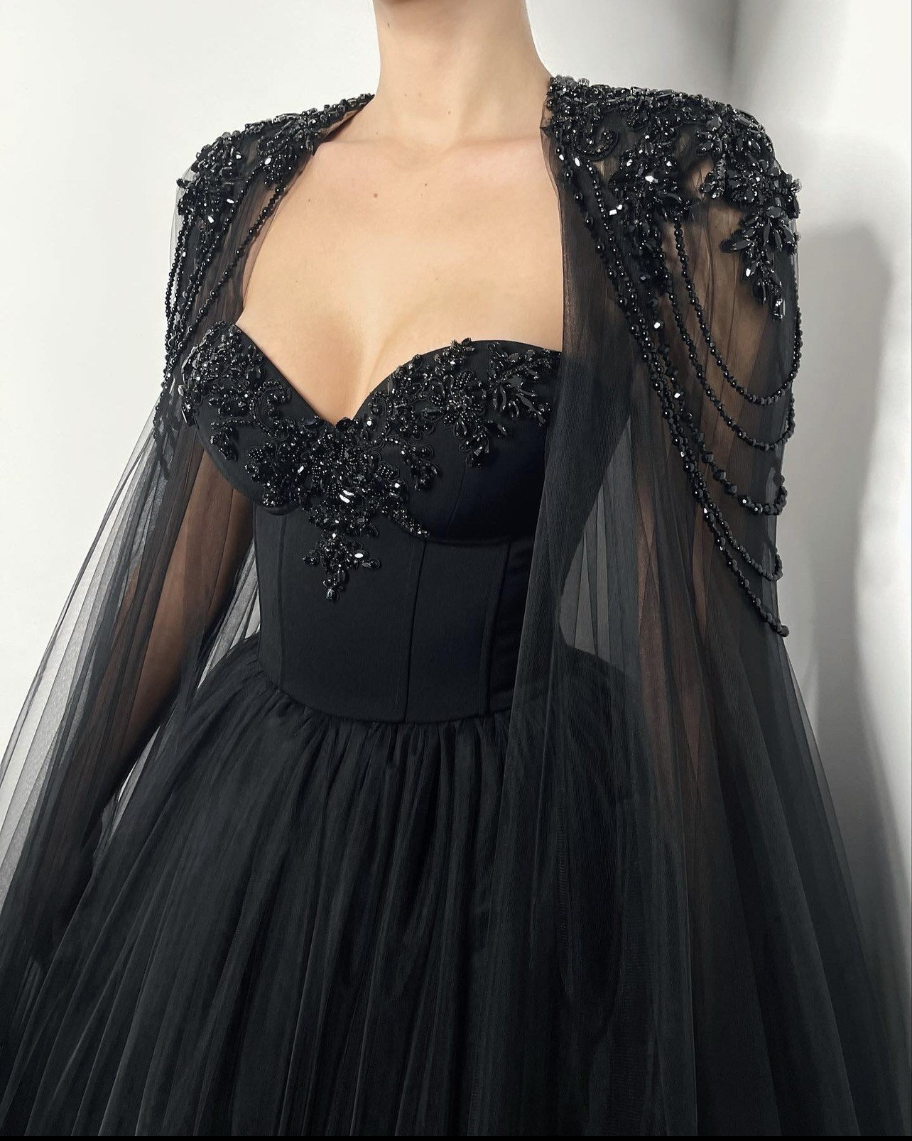 Promwomen Women's Beaded Lace Tulle Evening Gown With Cape - Formal Maxi Dress For Weddings, Galas