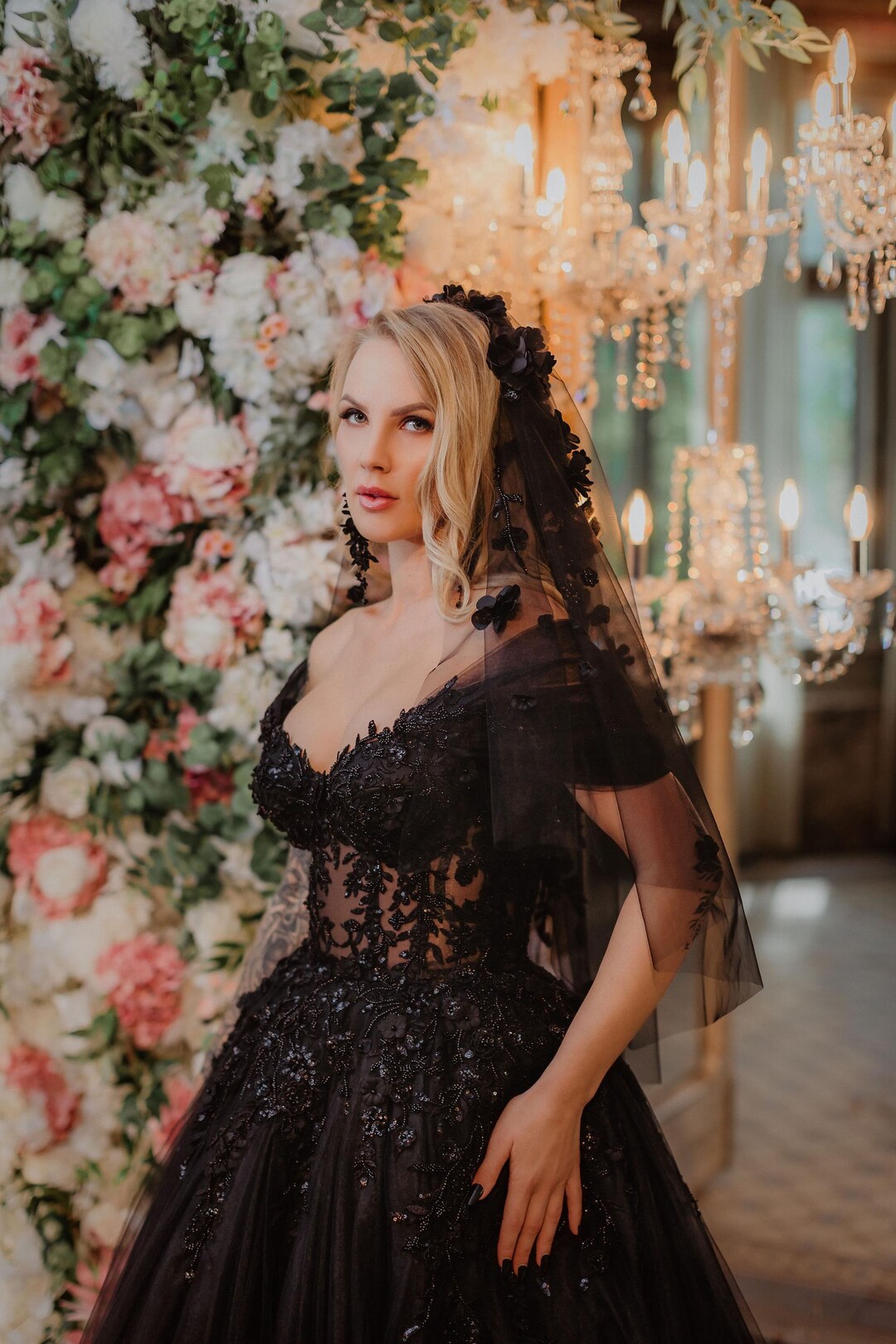 Black Gothic 3d Sparkly Floral Beaded Wedding Veil - Etsy