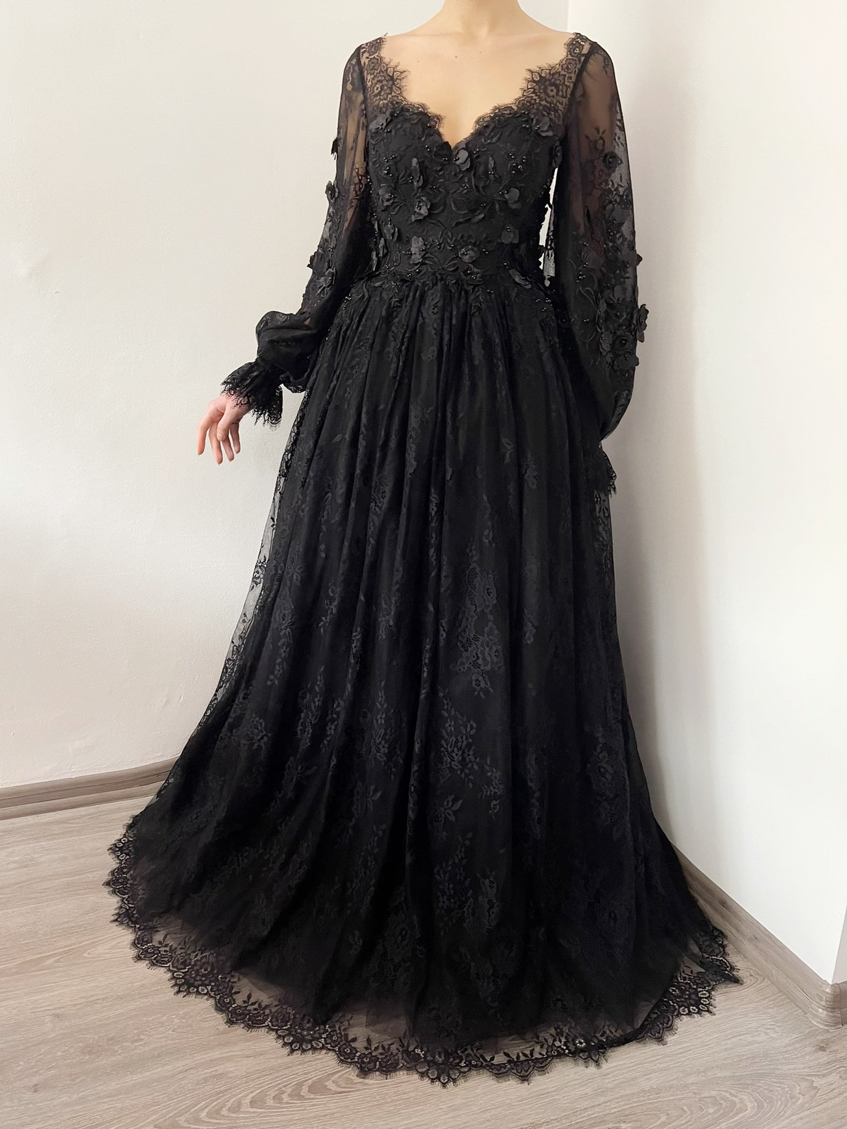 Black Gothic 3D Floral Embroidered Lace Wedding Dress, Alternative