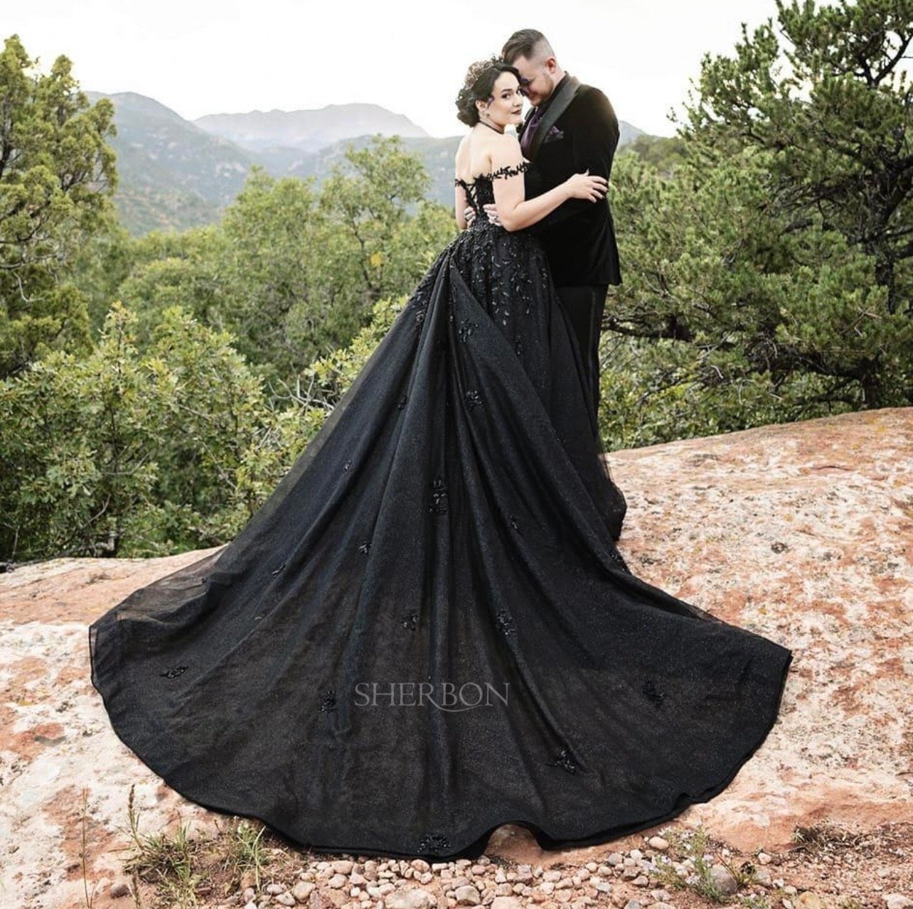 Black Gothic See Through Sparkly Floral Corset Wedding Dress With