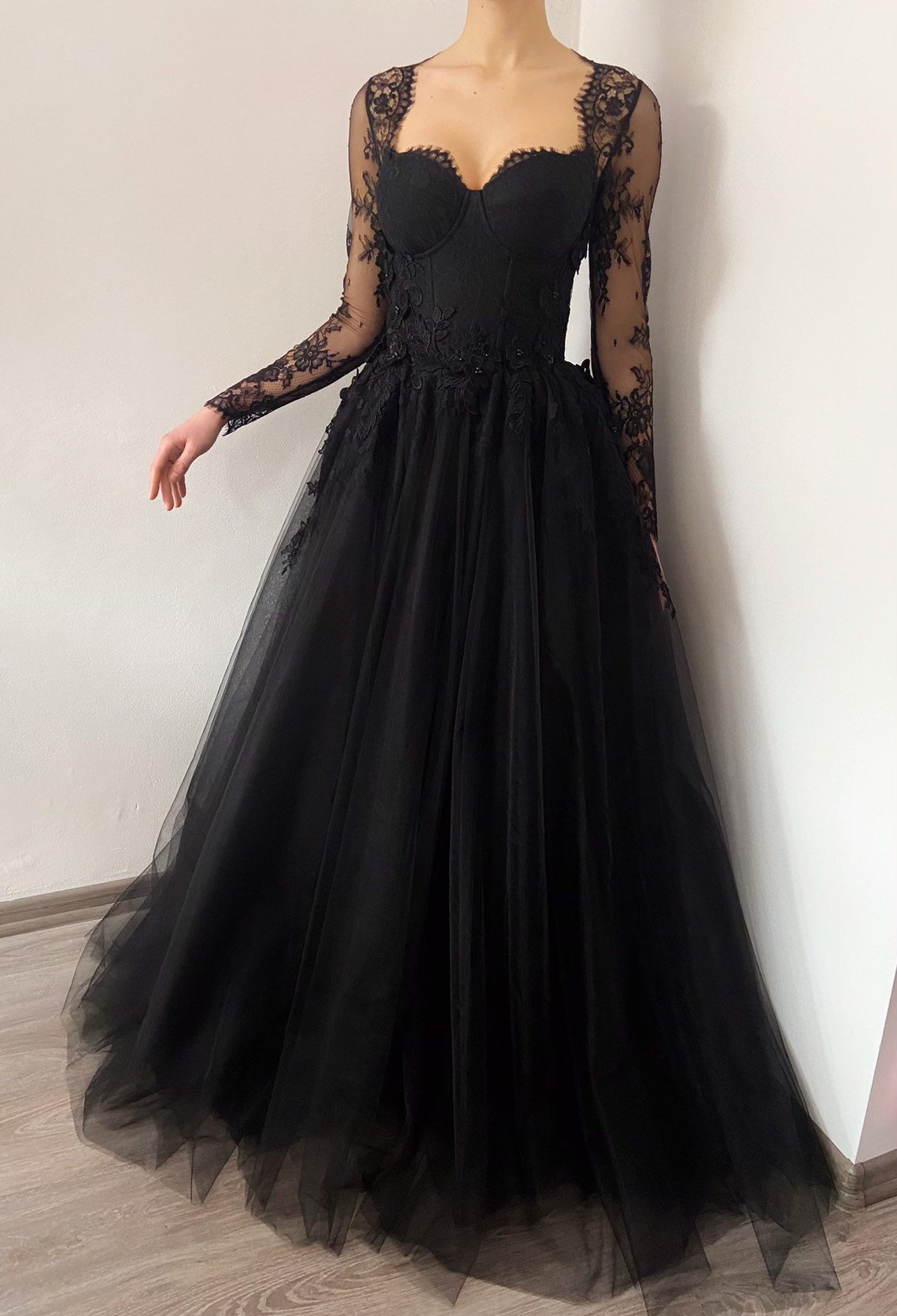 Black gothic corset wedding 3D lace floral tulle dress | Etsy