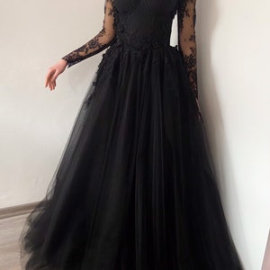 Black Gothic Corset Wedding 3D Lace Floral Tulle Dress, Alternative ...