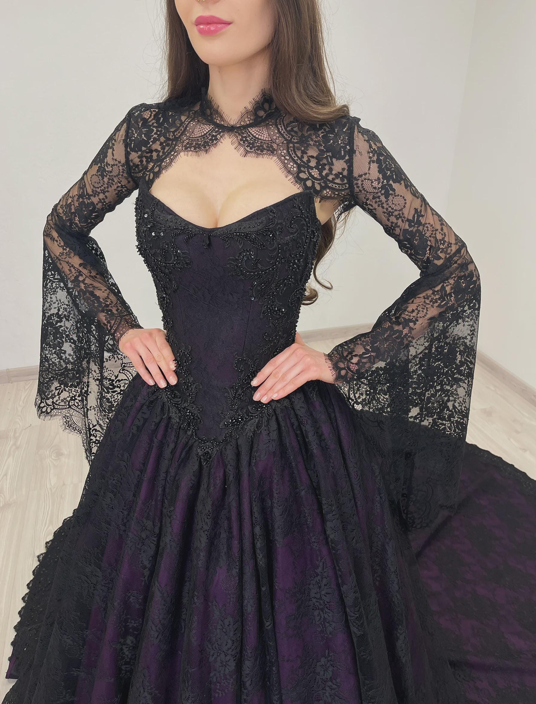 Gothic Black Wedding Keyhole Jacket With Bell Sleeves, Alternative