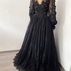 Black Gothic 3D Floral Embroidered Lace Wedding Dress, Alternative ...