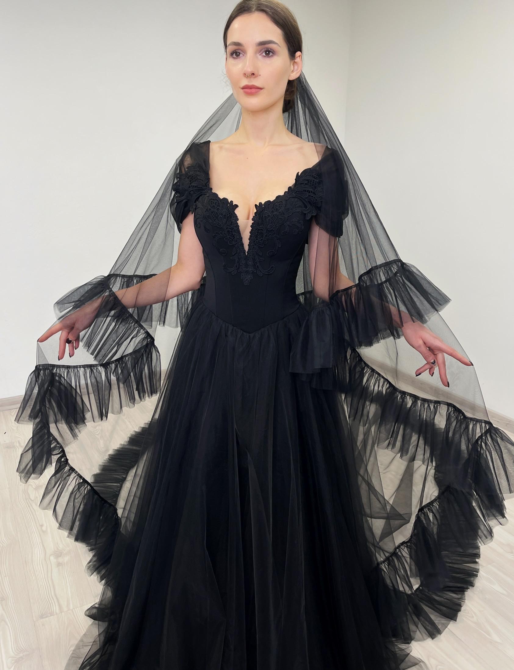 Black Gothic Cathedral Length Tulle Ruffle Veil - Etsy