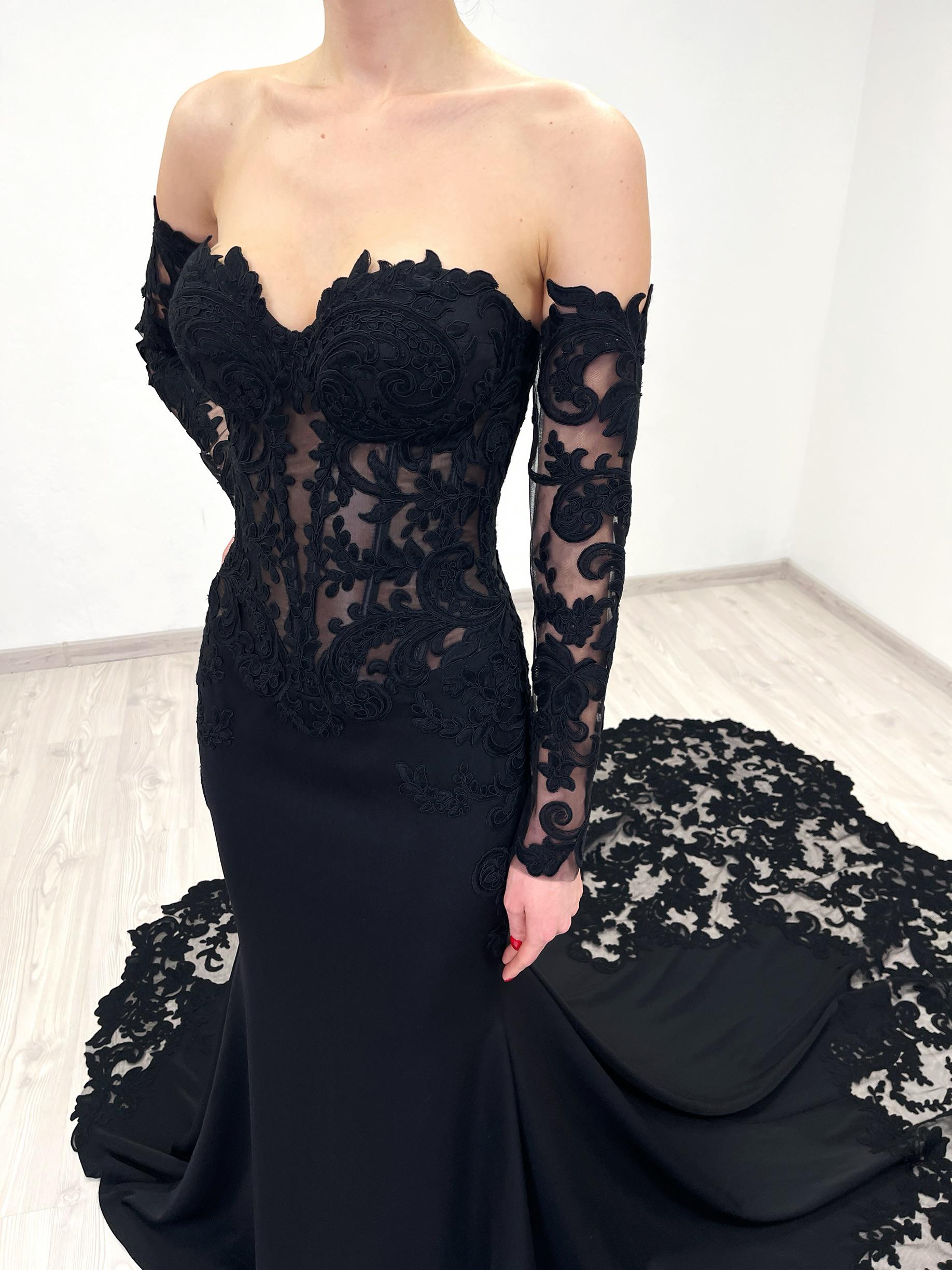 Black Gothic wedding sheer see through corset gown with long scalloped lace train, mermaid style alternative bridal gown