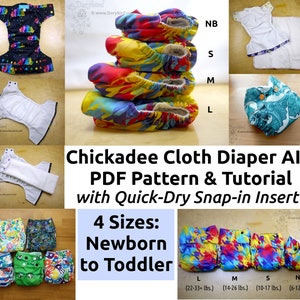 Tutorial per cucire modello PDF per pannolini di stoffa Chickadee, AIO a scatto, tutte e 4 le dimensioni Neonato, Piccolo, Medio, Grande. Neonato-bambino. Download istantaneo