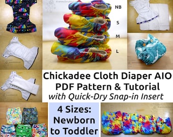 May include: A set of four colorful cloth diapers in sizes newborn, small, medium, and large. The diapers are all-in-one (AIO) and feature a quick-dry snap-in insert. The diapers are made from a variety of fabrics, including cotton, fleece, and PUL. The diapers are designed to be comfortable and easy to use. Chickadee Cloth Diaper AIO PDF Pattern & Tutorial with Quick-Dry Snap-in Insert. 4 Sizes: Newborn to Toddler.